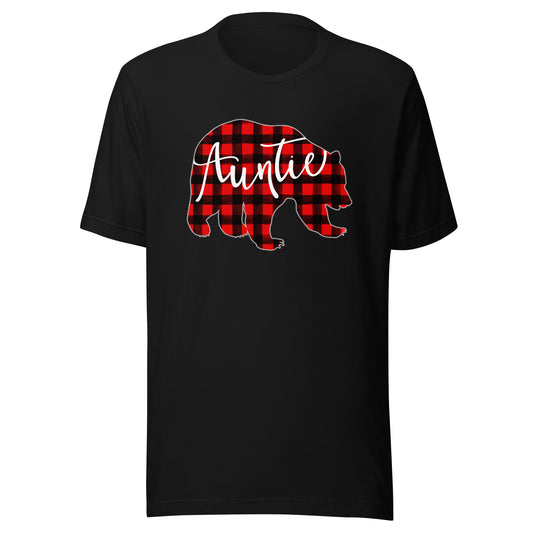 Red Plaid Auntie Bear Matching Family Christmas Eve Buffalo T-Shirt