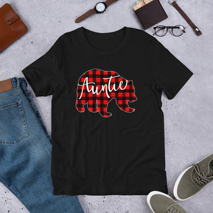 Red Plaid Auntie Bear Matching Family Christmas Eve Buffalo T-Shirt